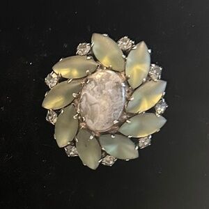DANNY POLLAK - Sage Green Floral Navette Crystal Brooch w/ Semi-Precious Center